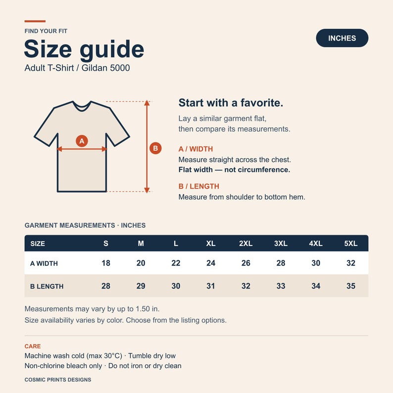 Gildan 5000 adult T-shirt size guide in inches. Flat chest width and shoulder-to-hem length for S through 5XL, with a measurement diagram, 1.5-inch size tolerance and garment-care instructions. Compare a favorite shirt laid flat.