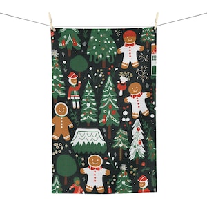 Winter Wonderland Christmas Kitchen Towel - Santa, Elves, and Gingerbread Men Pattern, Christmas Tea Towel, Christmas Kitchen Towel