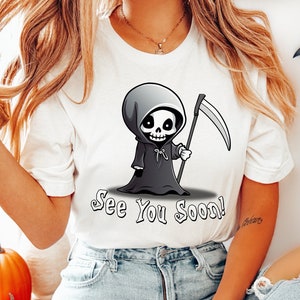 Grim Reaper Halloween Shirt, Crewneck Sweatshirt Sweater Costume, Spooky Cute Kawaii Halloween T-shirt, Funny Graphic Tee