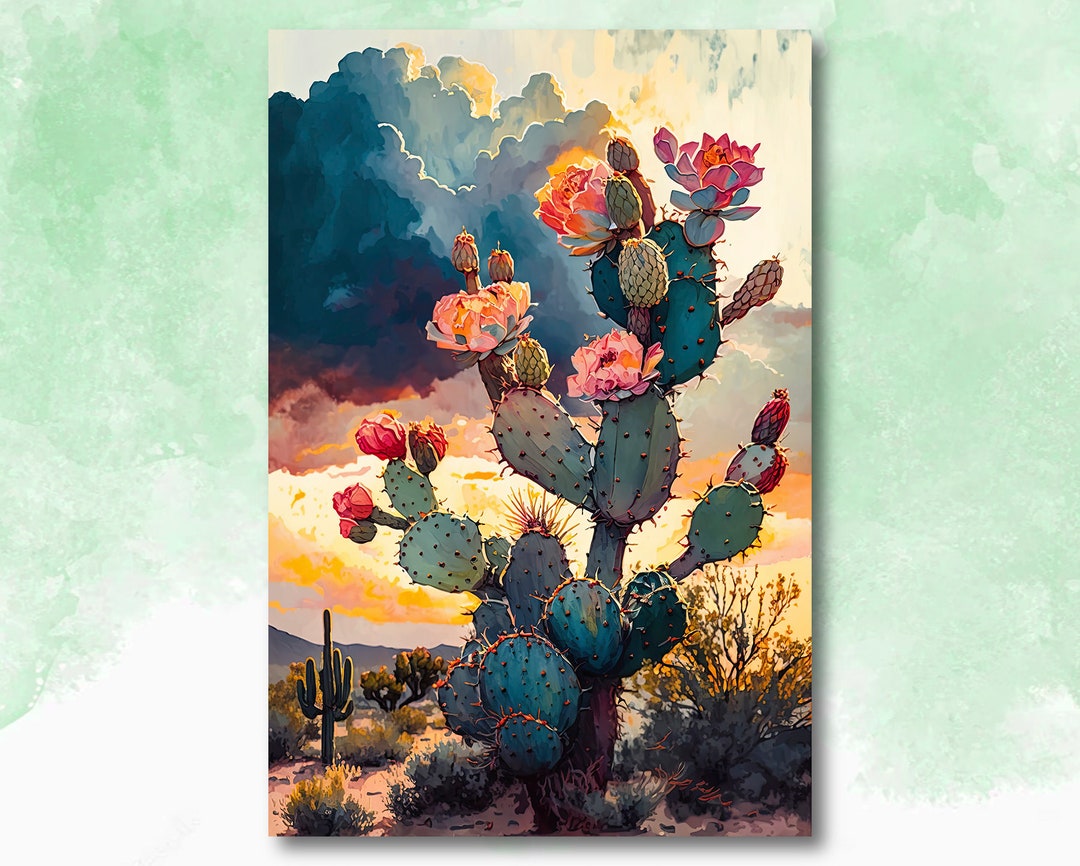 Flower Prickly Pear Cactus Sunset Art Print Watercolor Botanical Desert ...