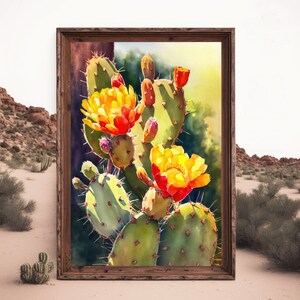 Flower Prickly Pear Cactus Print Watercolor Painting Botanical Desert ...