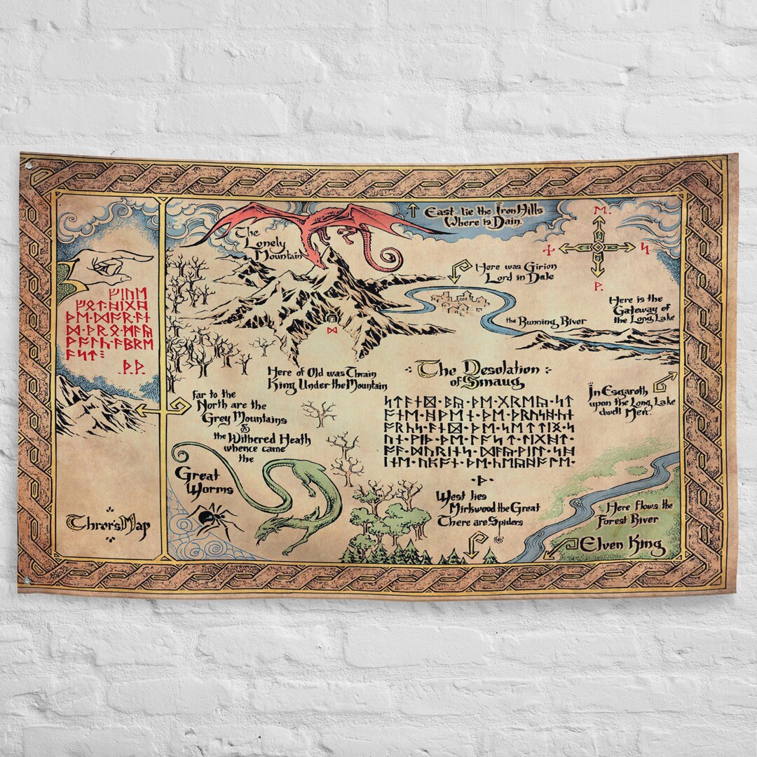 Hobbit Map Flag, Lord of the Rings Middle Earth Wall Decor, Tolkien LOTR Fantasy Gift 34.5 X 56