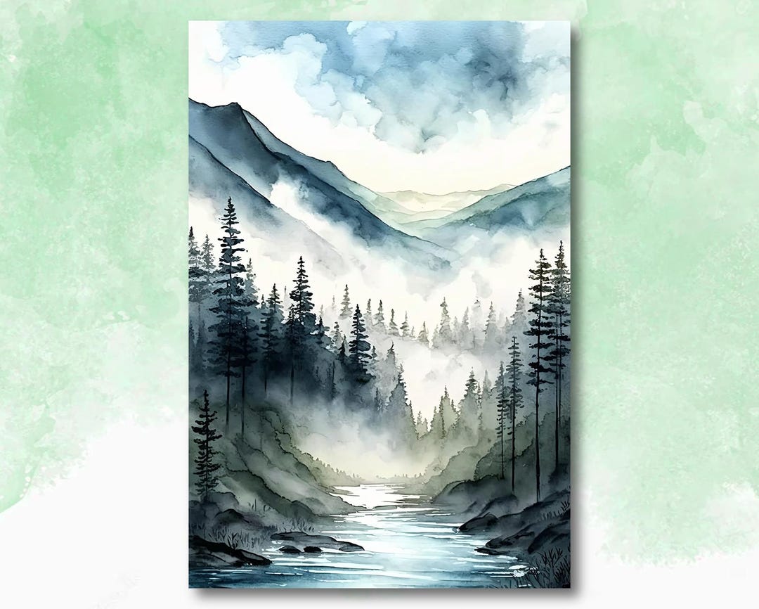 Misty Mountain River Watercolor Print, Forest Landscape Wall Art ...