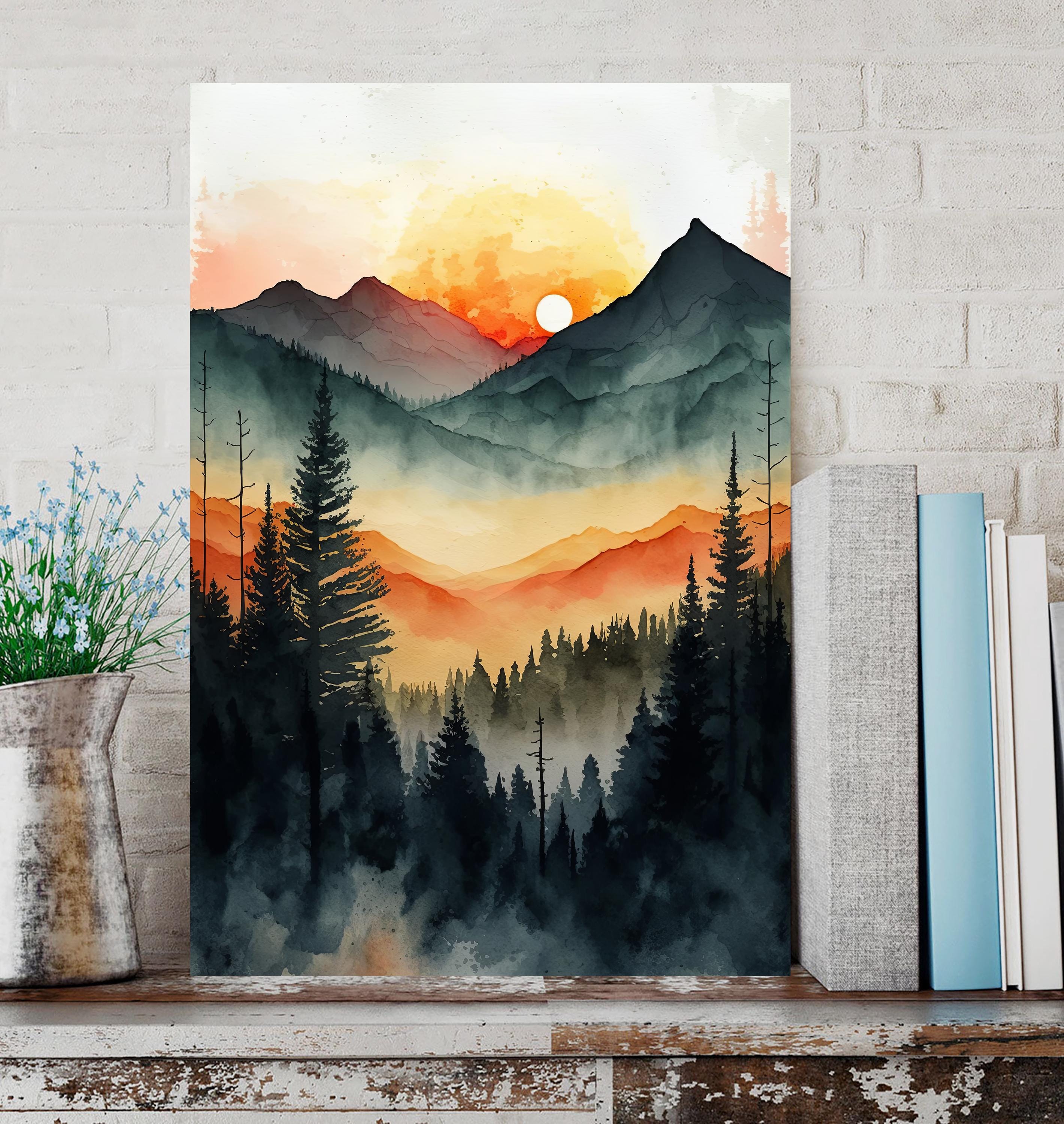 Sunrise Forest Watercolor Print, Mountain Landscape Sunset Wall Art ...