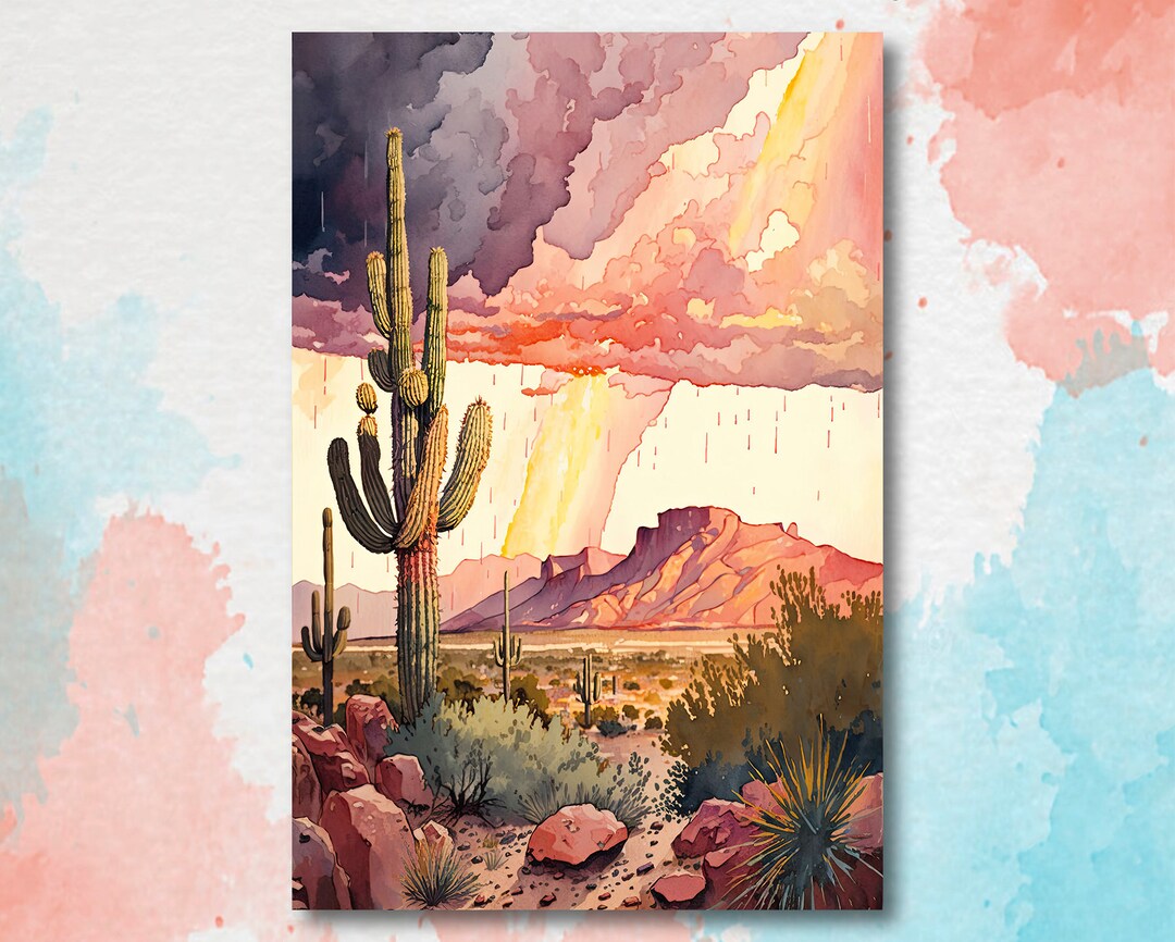 Desert Landscape Print Colorful Rainy Watercolor Wall Art Southwest ...