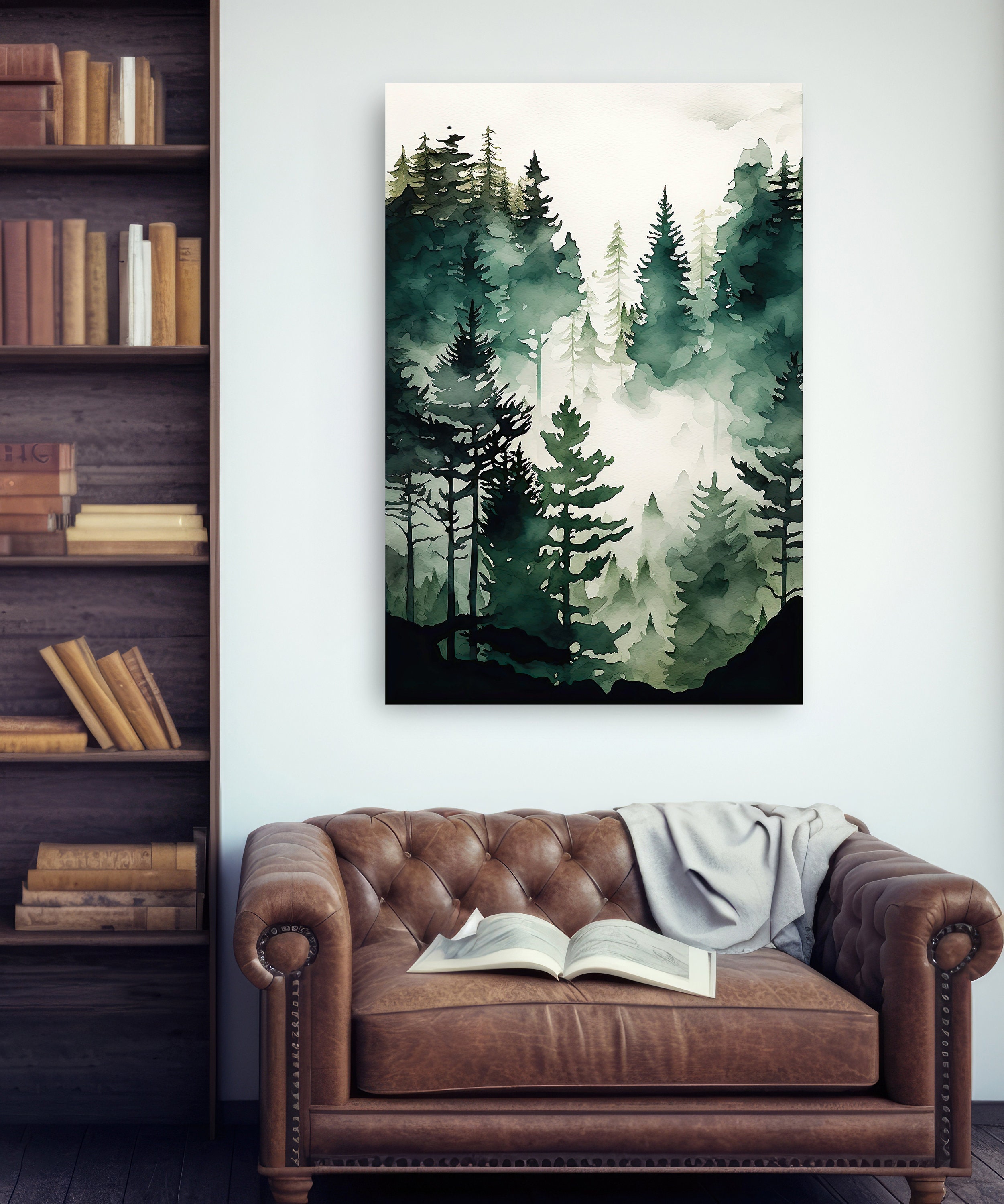 Watercolor Forest Landscape Sage Green Wall Art Painting Pine Tree ...