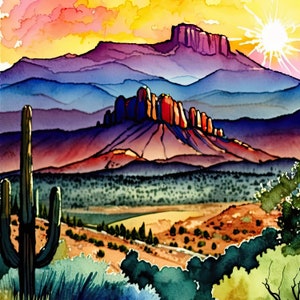 Desert Sunset Print Colorful Watercolor Wall Art Southwest - Etsy