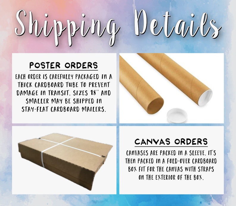 May include: Image detailing shipping information for posters and canvases. Posters are packaged in cardboard tubes or stay-flat mailers. Canvases are packed in a sleeve, then a fold-over cardboard box with straps.