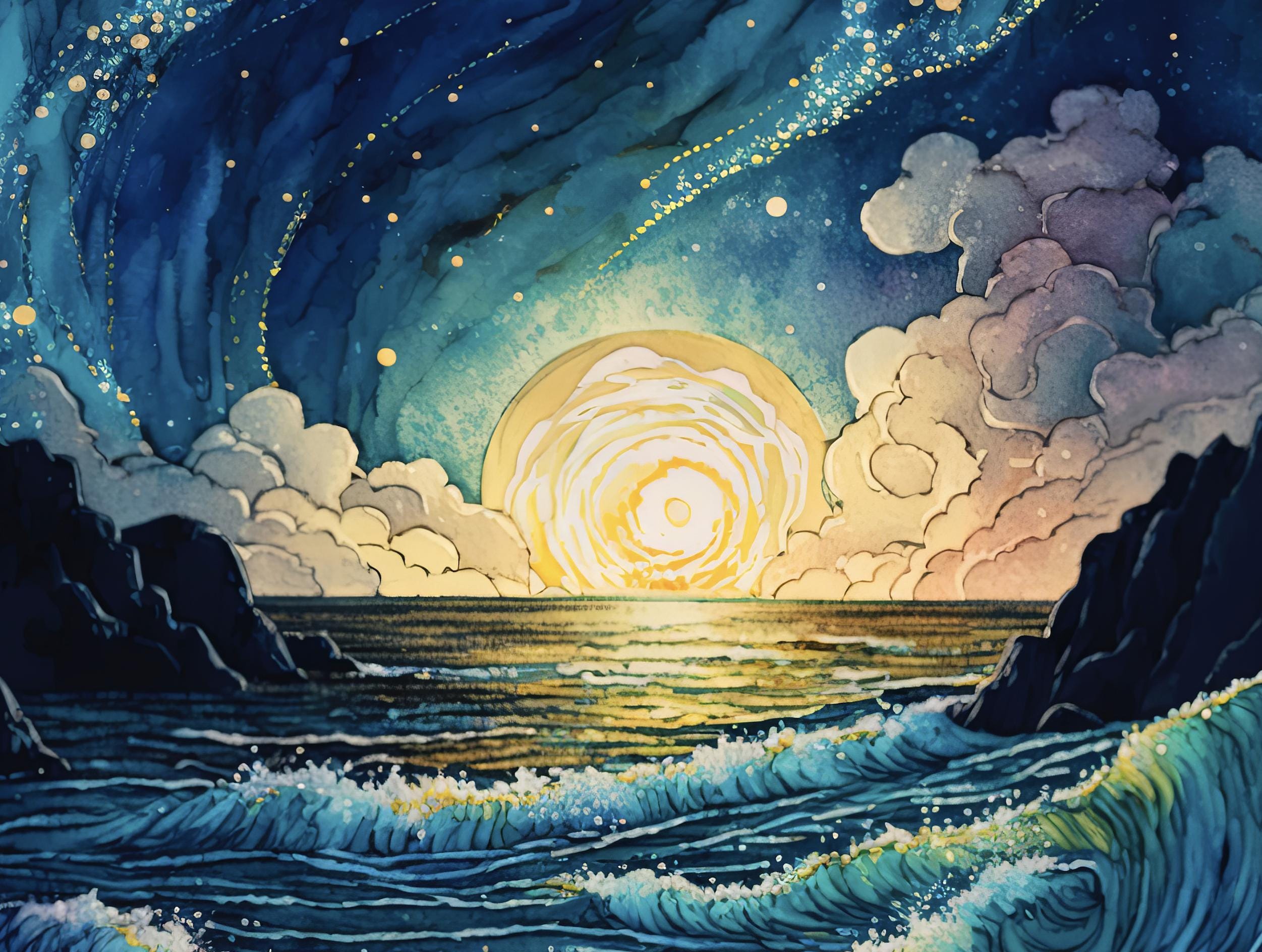 Ocean Wave Sunset Watercolor Print, Starry Night Sky Inspired Seascape ...