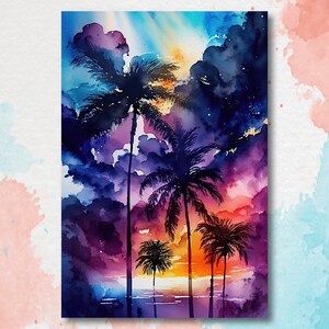 May include: A watercolour painting depicting a tropical sunset with palm trees. The sky transitions from blue to purple and orange, with dark clouds and golden accents. The palm trees are silhouetted against the colourful sky, and the ocean is visible at the bottom.