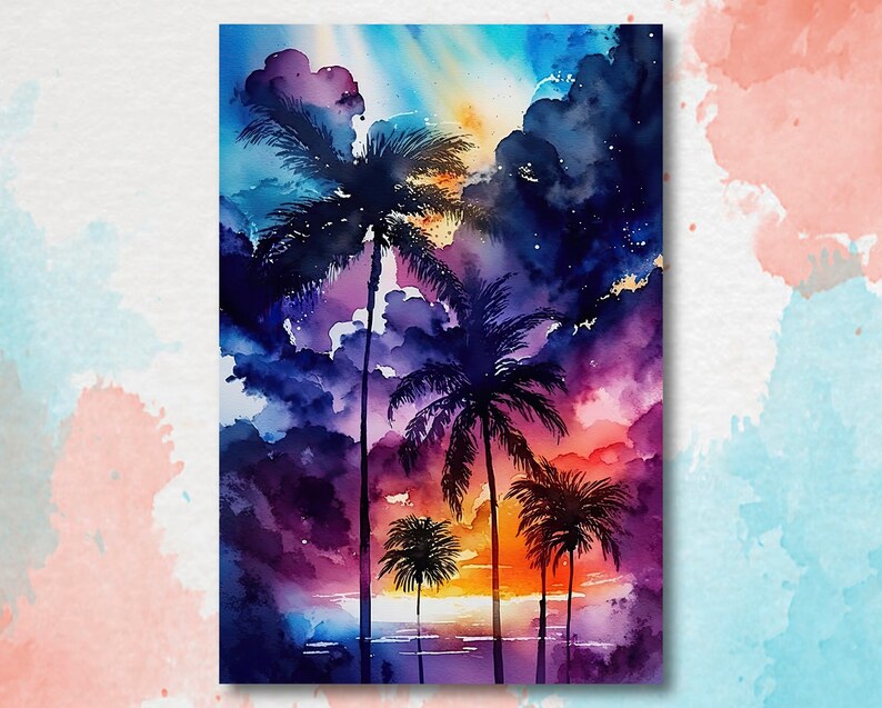 May include: A watercolour painting depicting a tropical sunset with palm trees. The sky transitions from blue to purple and orange, with dark clouds and golden accents. The palm trees are silhouetted against the colourful sky, and the ocean is visible at the bottom.