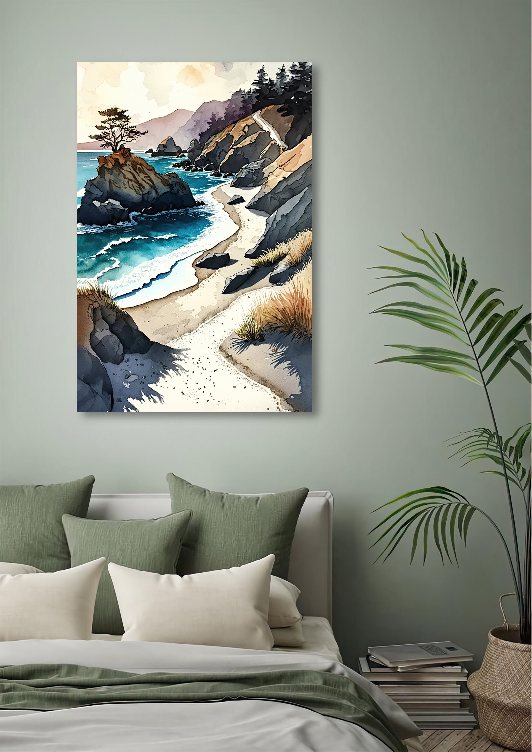 California Big Sur Beach Print Watercolor Ocean Wall Art Tropical ...