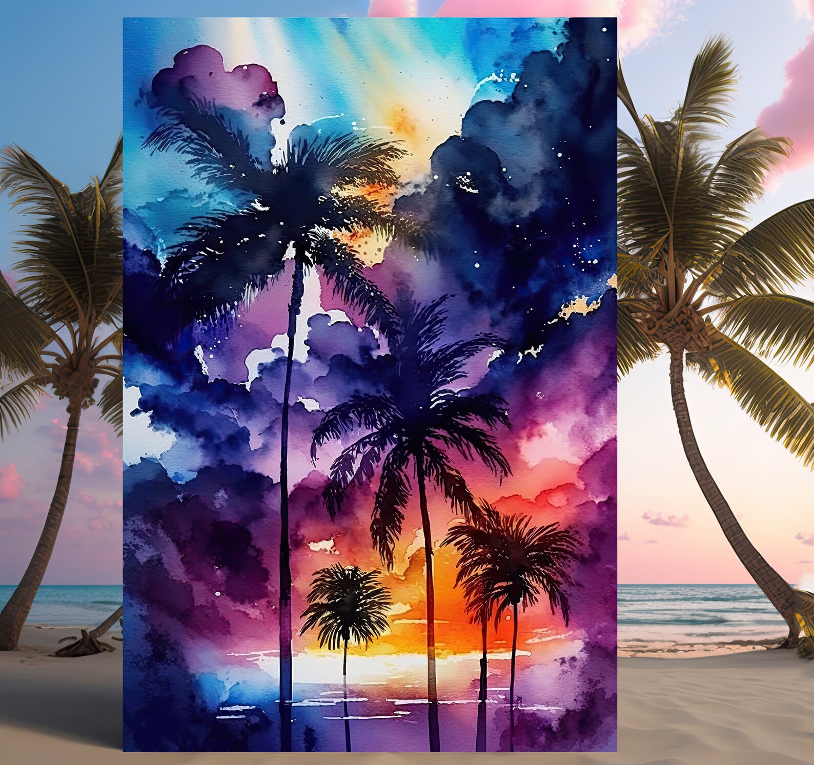 Palm Tree Sunset Art Print Watercolor Coastal Wall Art Nature - Etsy