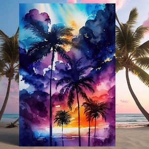 May include: Watercolour painting of a tropical sunset featuring palm trees silhouetted against a vivid sky. The sky transitions from deep blues and purples to fiery oranges and reds, reflected in the water.