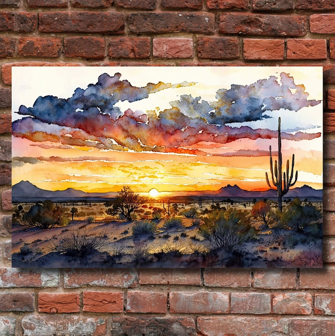 Desert Sunset Print Colorful Watercolor Wall Art Southwest Landscape ...
