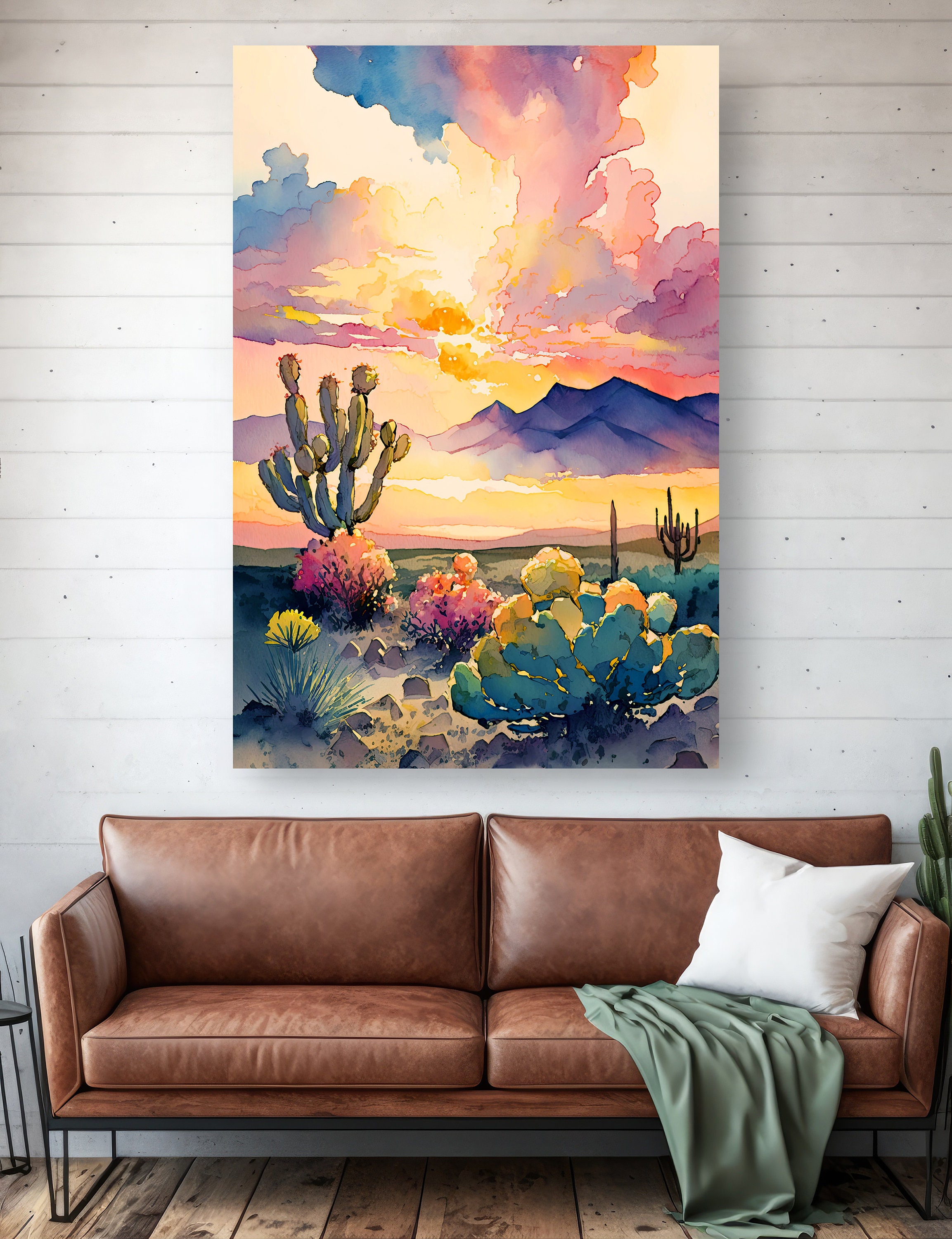 Desert Cactus Sunset Print Colorful Watercolor Wall Art Southwest ...