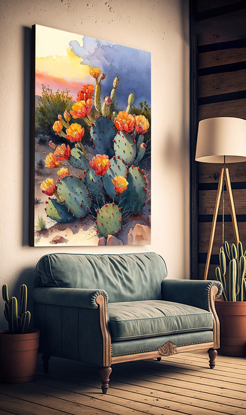 Flower Prickly Pear Cactus Sunset Art Print Watercolor Botanical Desert ...