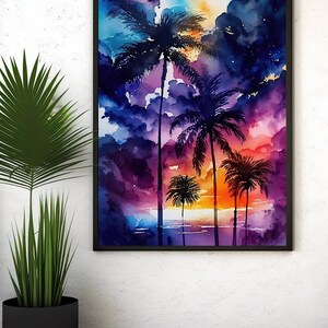 May include: A framed watercolour painting depicting palm trees against a sunset. The sky blends blues, purples, oranges, and yellows. The silhouettes of the trees are dark. The artwork has a black frame, creating a tropical scene.