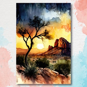 Watercolor Sedona Arizona Sunset Art Print Southwest Wall Art Landscape Gift Desert Home Western Decor