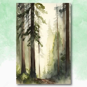 Redwood Tree Forest California Print Sequoia National Park Wall Art Landscape Watercolor Painting Gift Rustic Woodland Home Decor