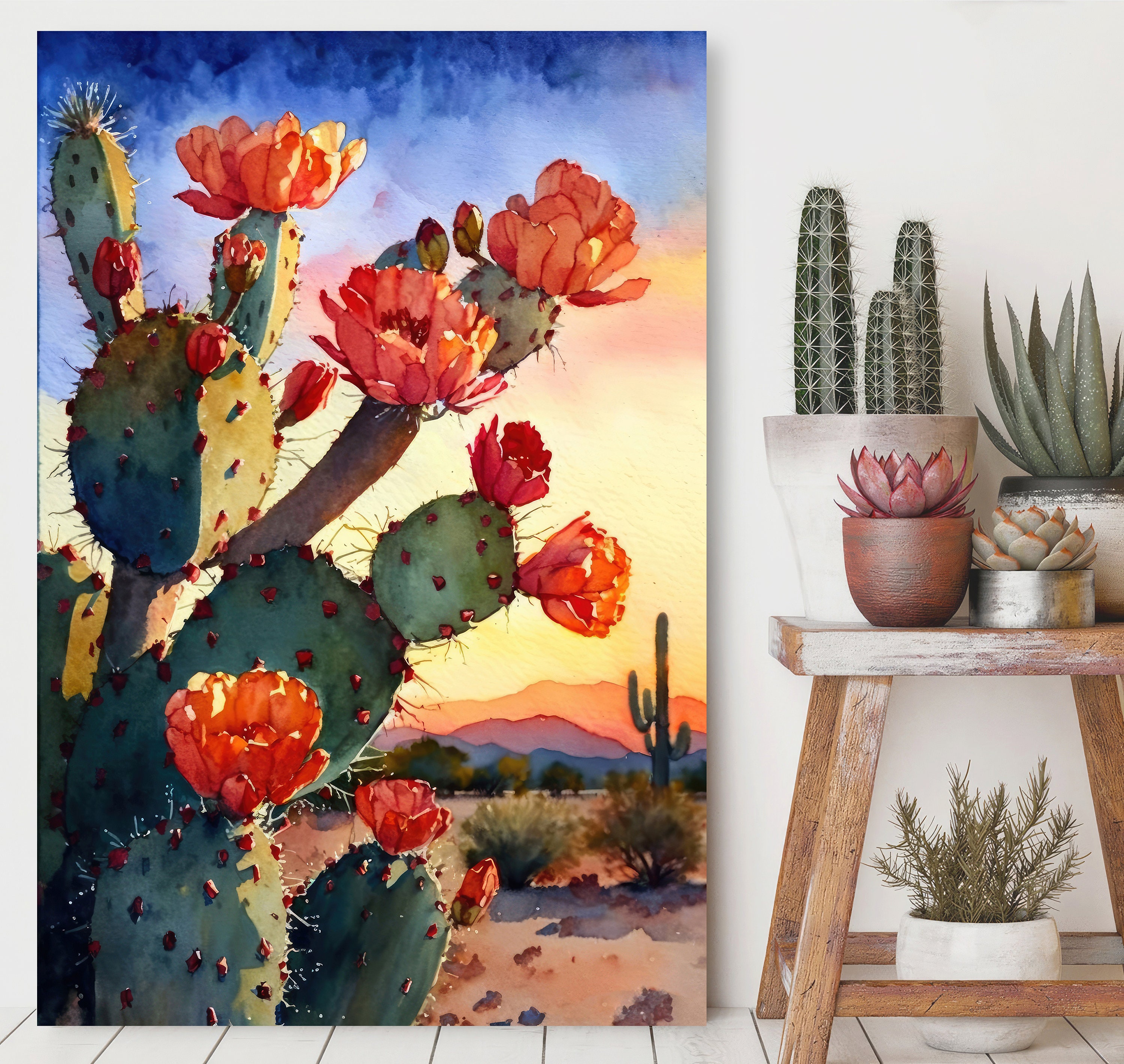 Flower Prickly Pear Cactus Sunset Art Print Watercolor Botanical Desert ...