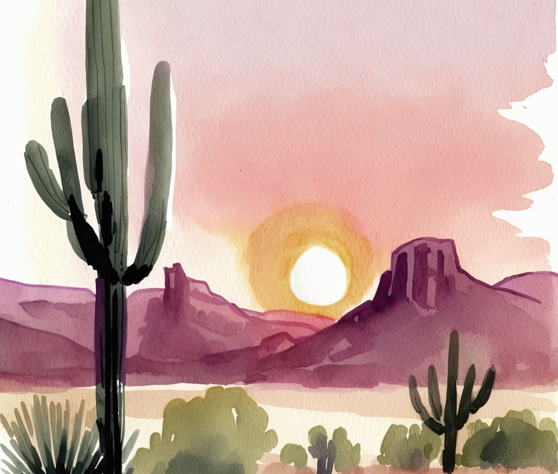 K&ouml;nnte beinhalten: Ein Aquarellbild einer W&uuml;stenlandschaft mit einem gro&szlig;en Saguaro-Kaktus im Vordergrund, einer Bergkette im Hintergrund und einer leuchtend orangefarbenen Sonne, die hinter den Bergen untergeht.