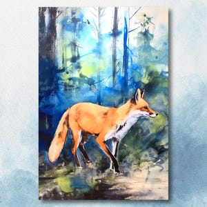 Watercolor Fox Print, Forest Animal Wall Art Poster, Nature Wildlife Canvas Gift, Wild Woodland Painting, Rustic Lodge Home Decor