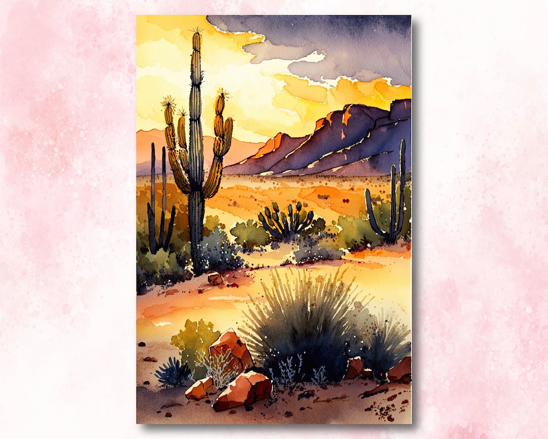 Desert Sunset Print Colorful Watercolor Wall Art Southwest Landscape ...