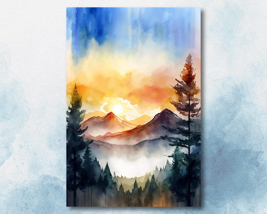 Mountain Forest Sunset Watercolor Print, Misty Landscape Wall Art ...