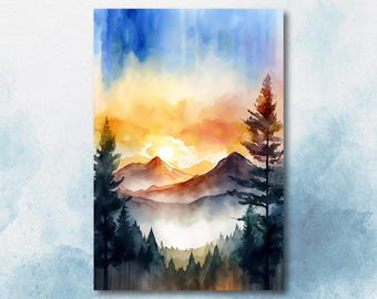 Woodland Mountain Forest Sunset Print, Watercolor Landscape Wall Art