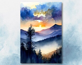 Mountain Sunrise Watercolor Print, Forest Landscape Nature Wall Art