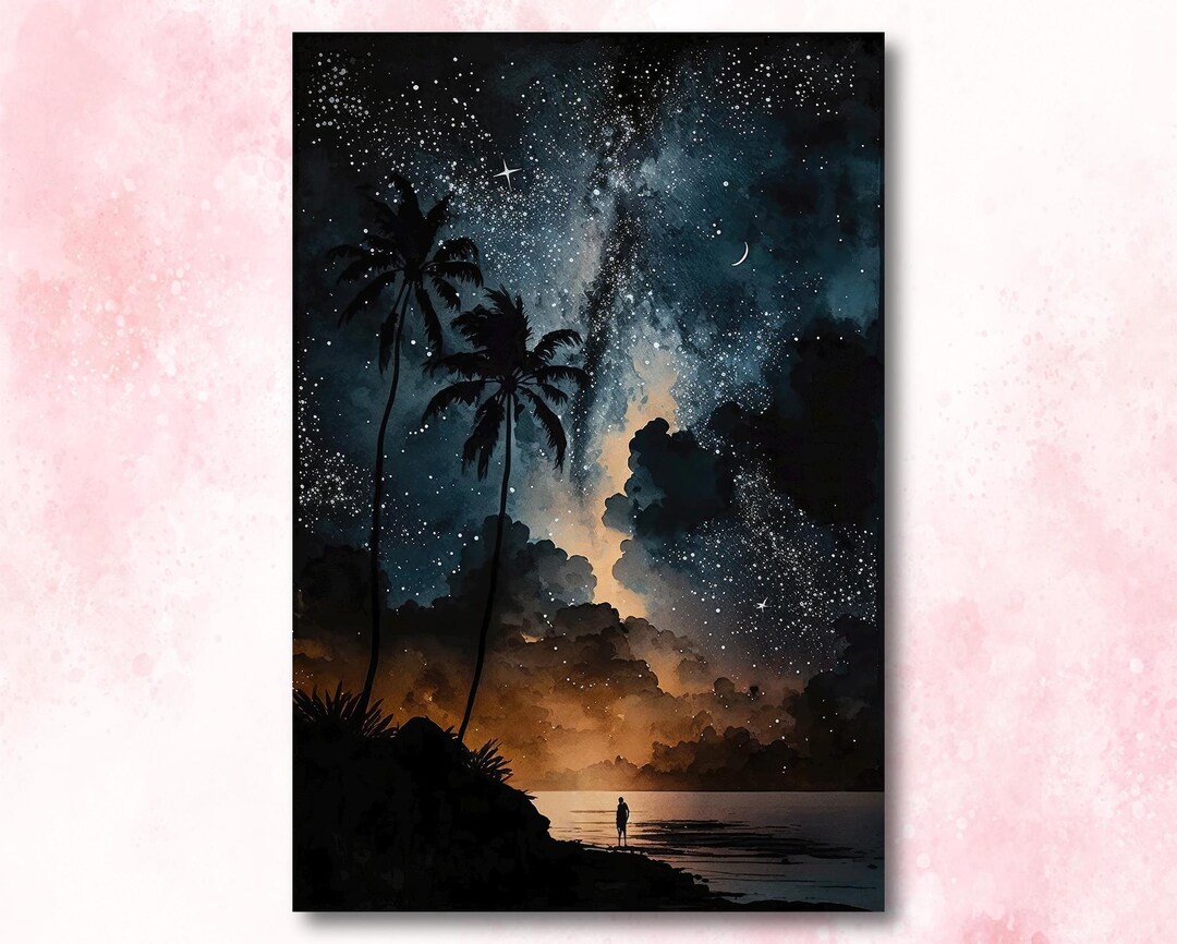 Palm Tree Night Sky Watercolor Print, Tropical Moon and Stars Wall Art ...
