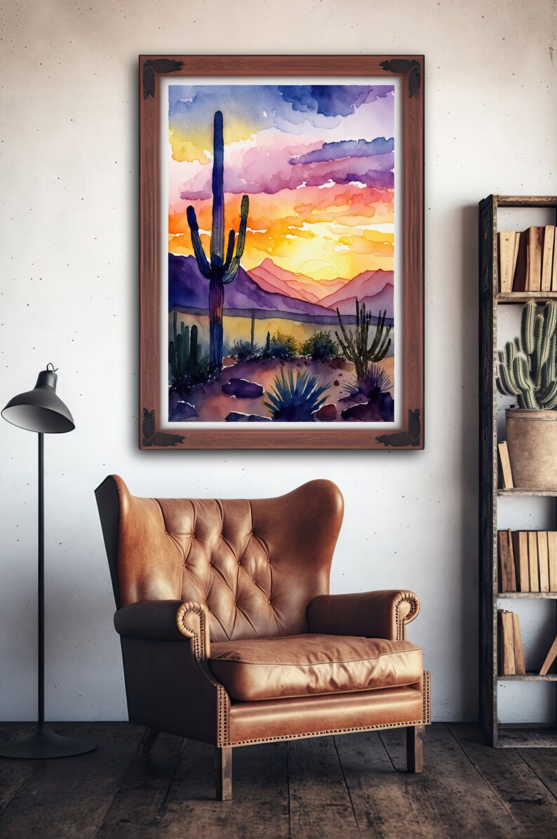Desert Sunset Print Colorful Watercolor Wall Art Southwest Landscape ...