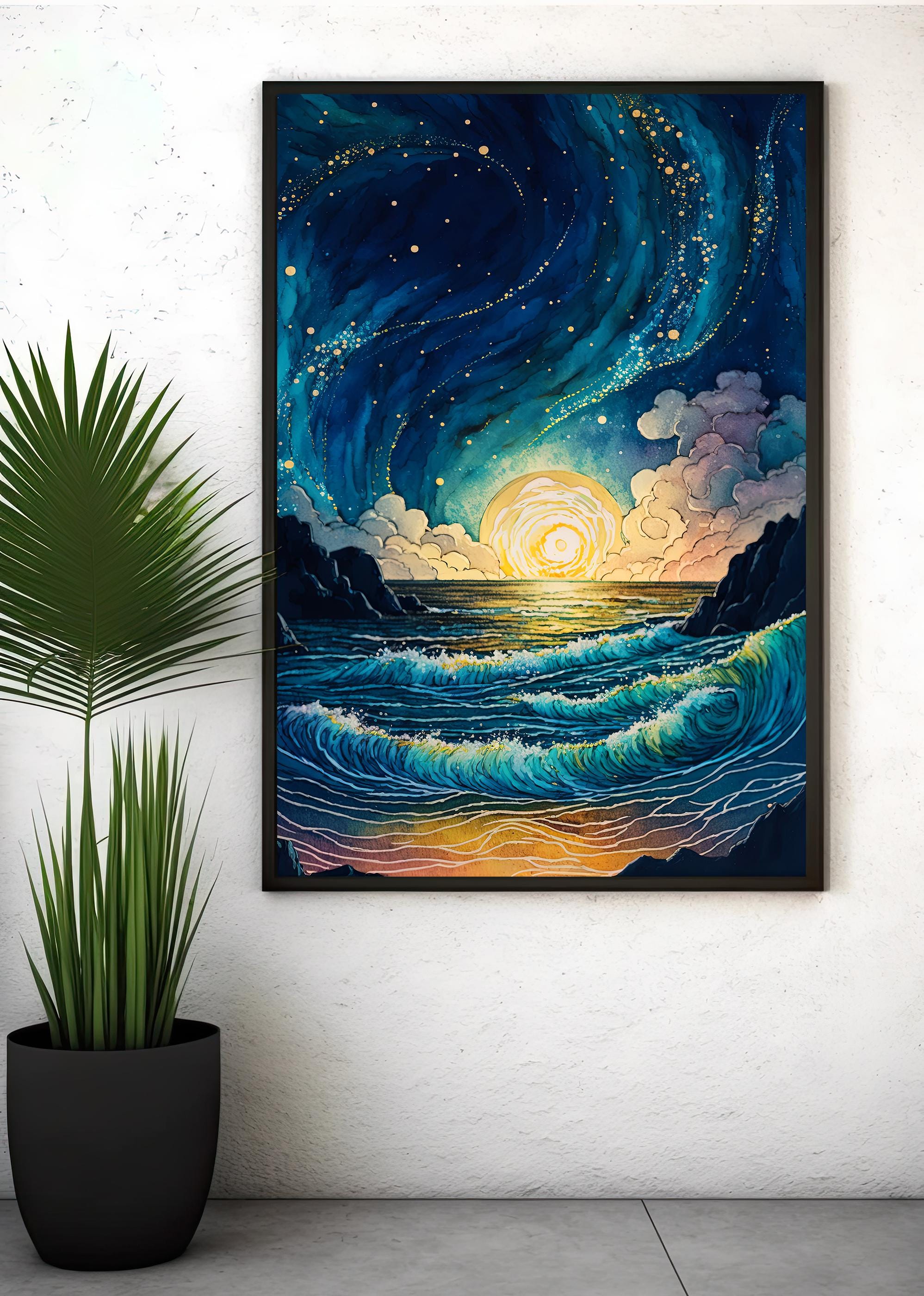 Ocean Wave Sunset Watercolor Print, Starry Night Sky Inspired Seascape ...