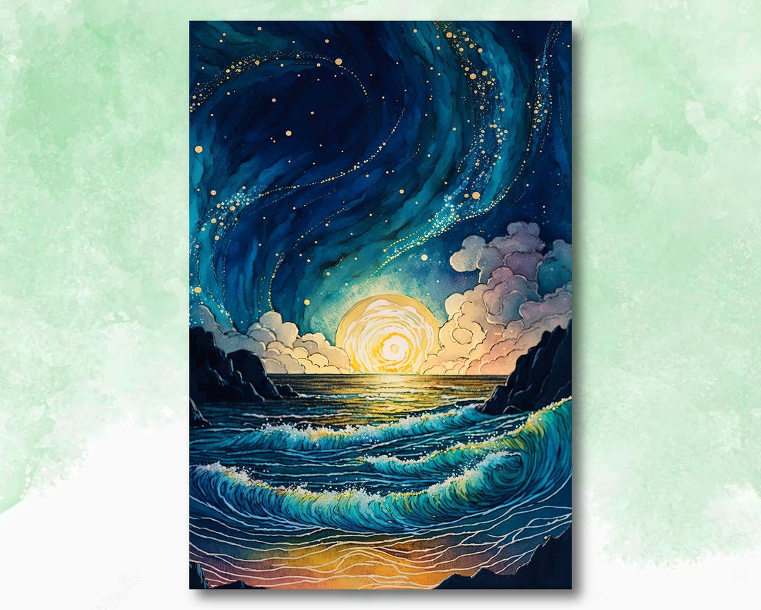 Ocean Wave Sunset Watercolor Print, Starry Night Sky Inspired Seascape ...