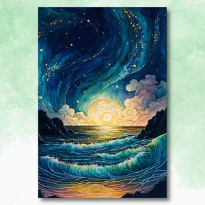 Impresión de acuarela de puesta de sol con olas del océano, póster de paisaje marino inspirado en el cielo nocturno estrellado, arte abstracto de la naturaleza del mar, arte de pared vibrante para decoración del hogar