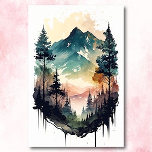 Forest Mountain Wall Art Landscape Cabin Decor Painting Watercolor Print Outdoorsy Gifts Nature Inspired Woodland Nursery Cottagecore Decor