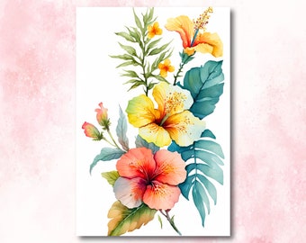Hawaiian Hibiscus Flower Bouquet Print Watercolor Botanical Wall Art Flower Painting Gift Floral Tropical Home Decor