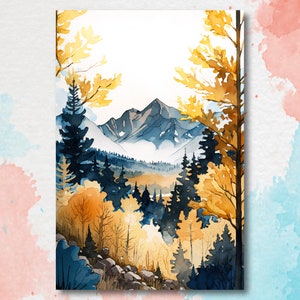 Otoño bosque montaña pared arte cabaña decoración paisaje acuarela pintura otoño impresiones al aire libre regalos Woodland Nursery Cottagecore Decor