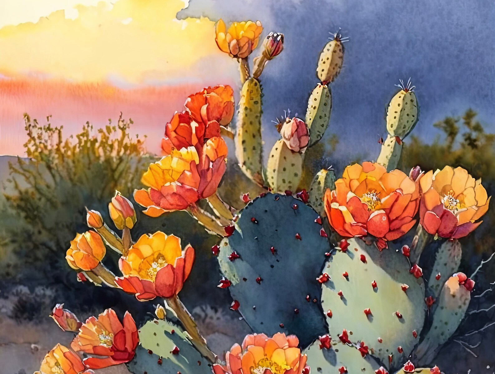 Flower Prickly Pear Cactus Sunset Art Print Watercolor Botanical Desert ...