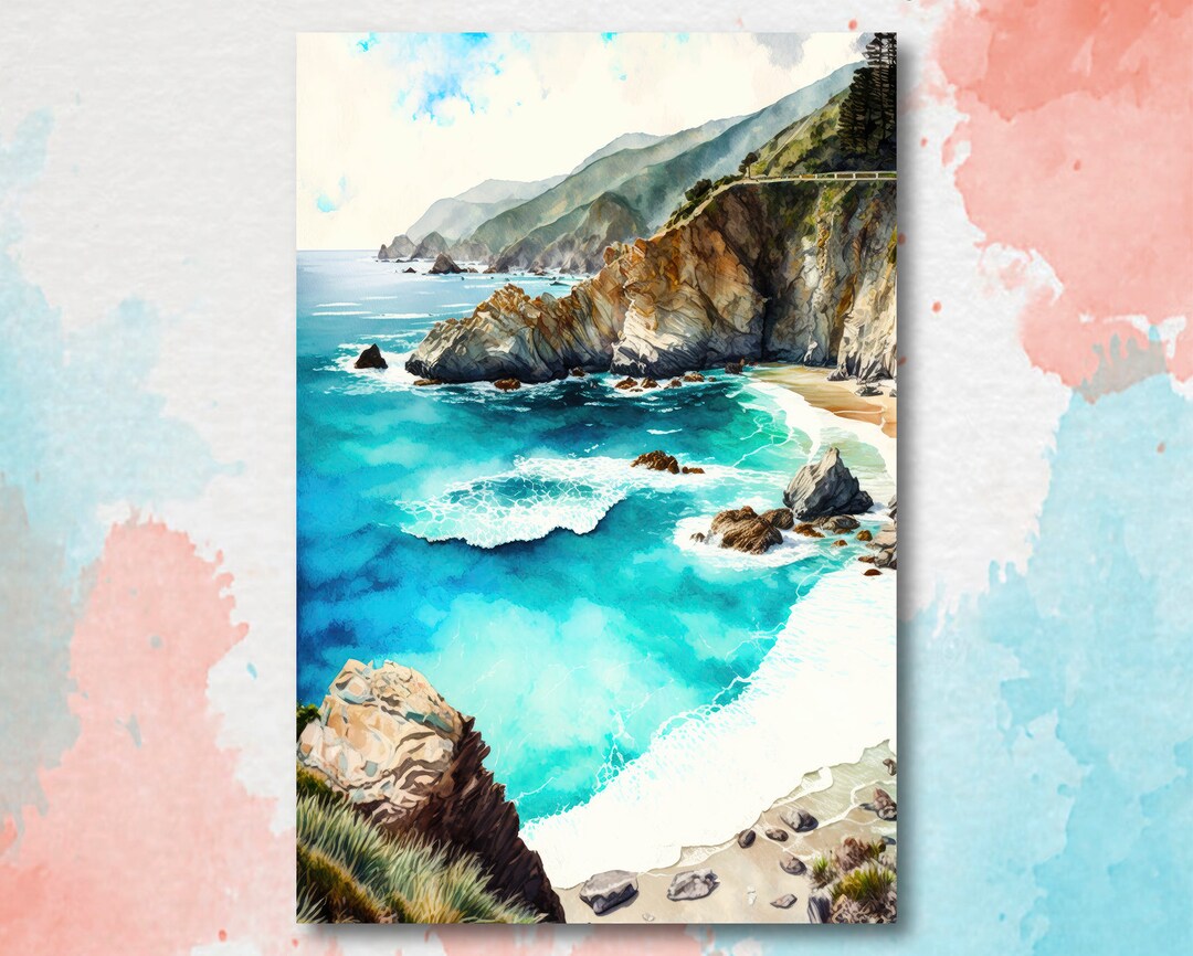California Big Sur Beach Print Watercolor Ocean Wall Art Tropical ...