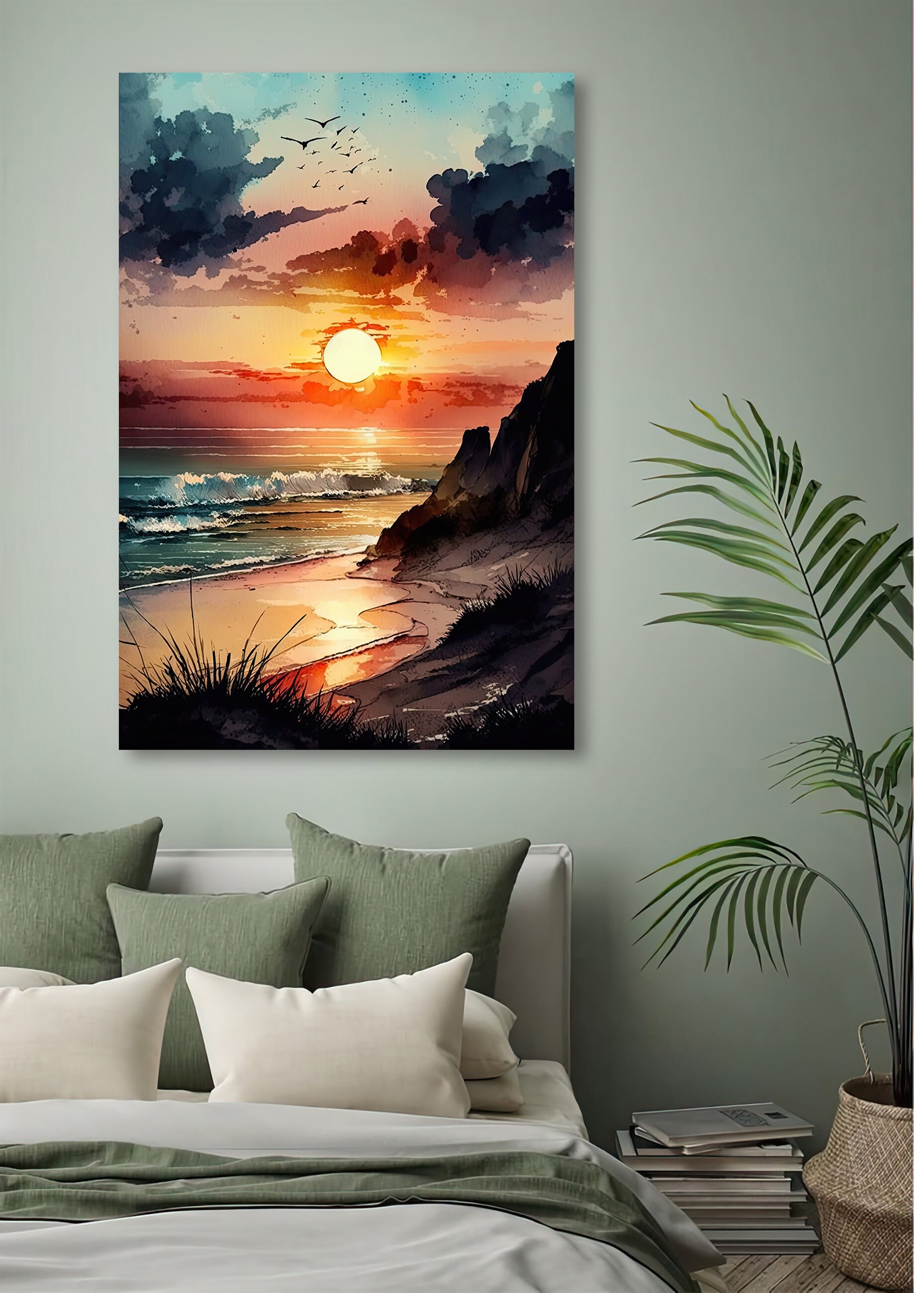 Beach Sunset Watercolor Print Ocean Wall Art Tropical Nature Gift ...