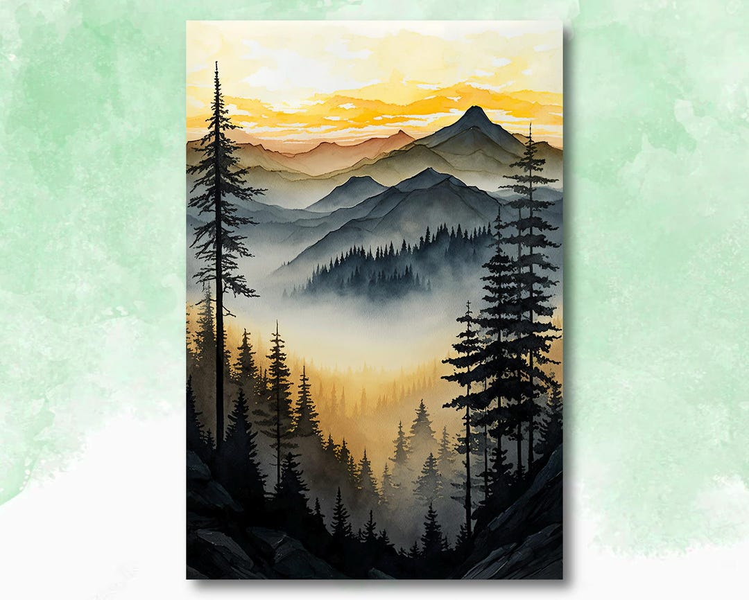 Mountain Forest Sunset Watercolor Print, Misty Landscape Wall Art ...