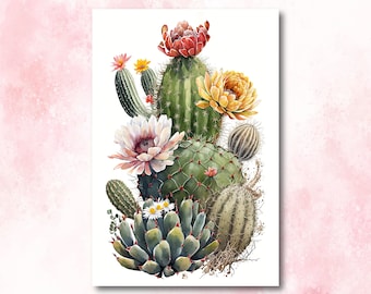 Pink Cactus Flower Wall Art, Southwest Desert Botanical Watercolor Print