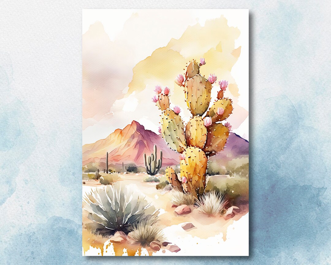 Flower Prickly Pear Cactus Sunset Art Print Watercolor Botanical Desert ...