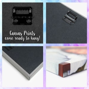 May include: Close-up images of canvas prints, showing the back and edges. The images highlight the hanging hardware and the wrapped canvas corners. Text reads "Canvas Prints come ready to hang!"