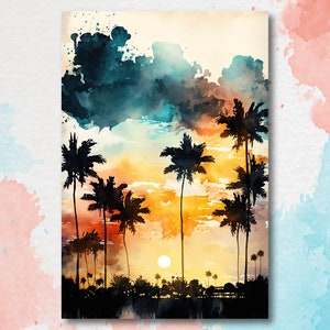 Palm Tree Sunset Art Print Watercolor Coastal Wall Art Nature Inspired Gift Tropical Beach House Home Decor