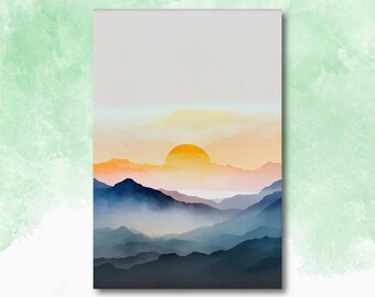 Soft Minimalist Mountain Sunrise Print, Forest Landscape Watercolor Wall Art