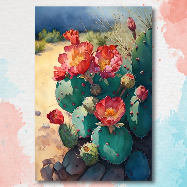 Flower Prickly Pear Cactus Print Watercolor Painting Botanical Desert Wall Art Nature Inspired Sonoran Art Southwest Gift Western Decor