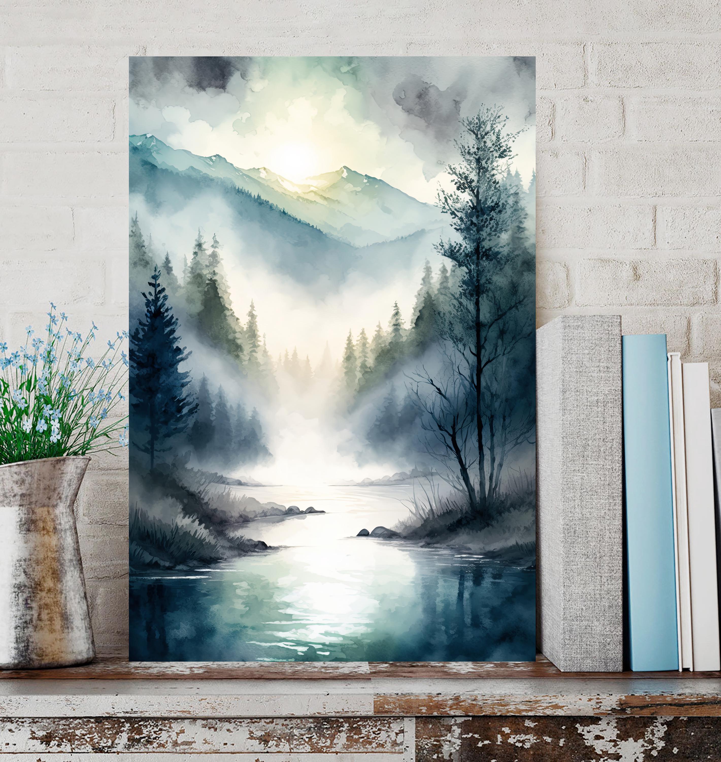 Misty Mountain River Watercolor Print, Forest Landscape Wall Art ...